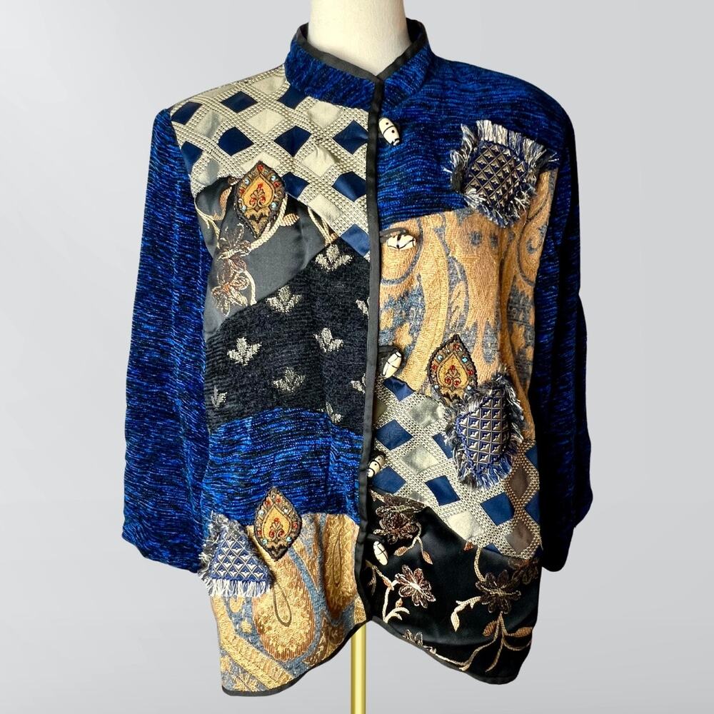 Vintage Alex Kim Patchwork Multi Textile Glass Toggle Artistic Jacket